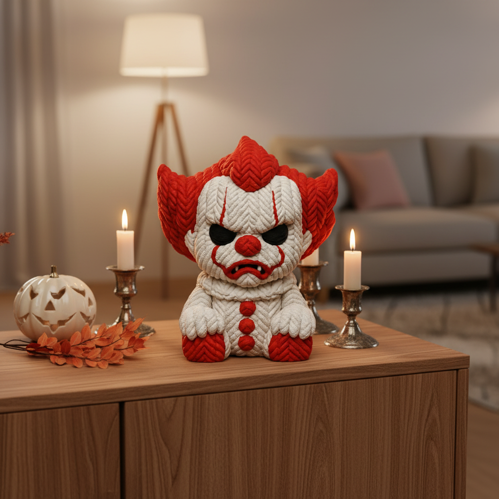 Red and white knitted-texture clown sculpture on a living room sideboard