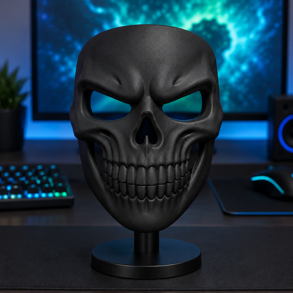 Black Grinning Skull Mask on a display stand at a softly lit gaming desk.
