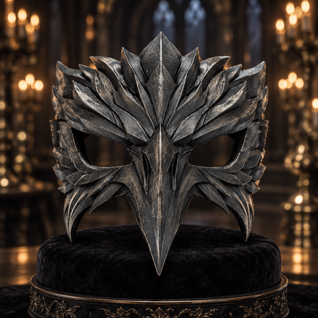 Gunmetal Raven Wraith mask in a gothic masquerade hall, strap not included