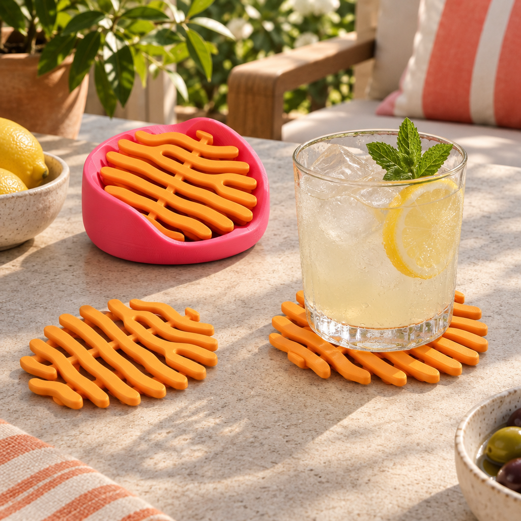 Coral coaster with iced drink on covered patio