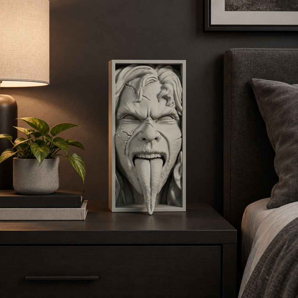 Paint-ready Exorcist shadow box styled in a modern monochrome bedroom
