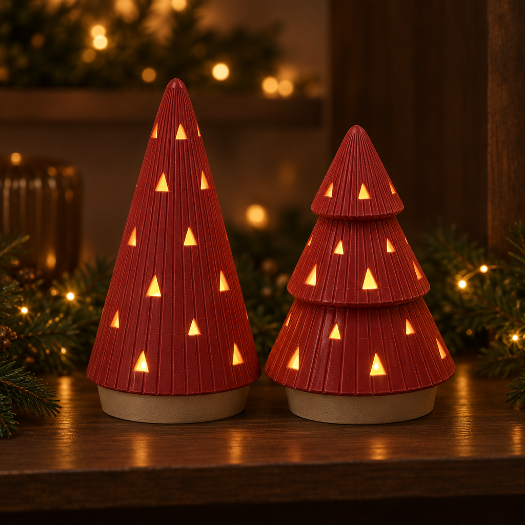 Red ribbed Christmas tree tealight holder set glowing on a dark wood shelf