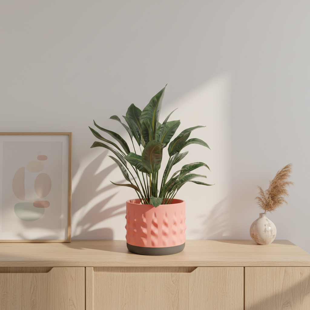 Modern Organic Textured Planter salmon pink with dark base held in two hands front facing white background lifestyle photo