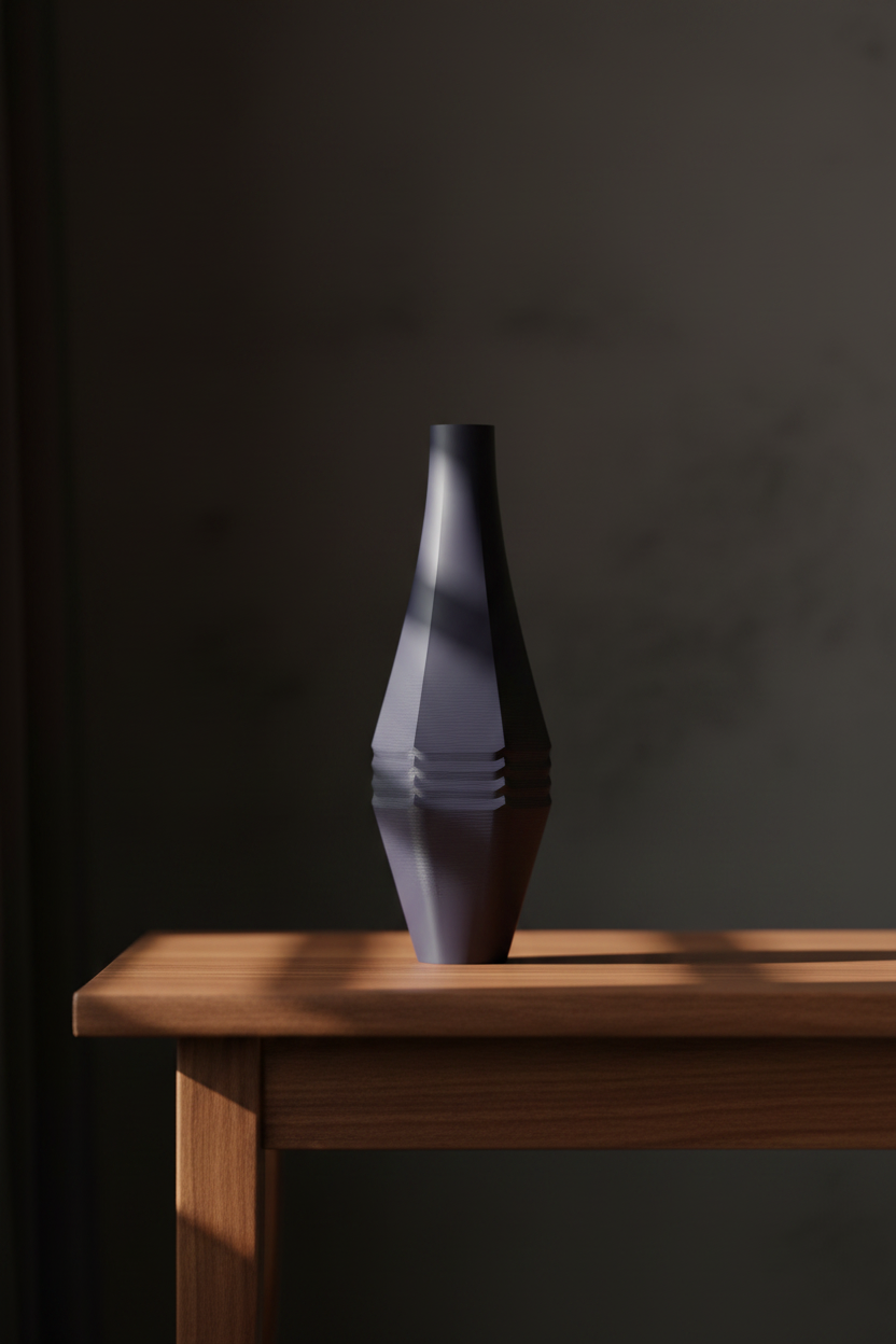 Stagger Panel Vase deep matte purple diamond-waisted staggered faceted panels standalone sculptural object warm walnut console table moody sophisticated interior dramatic raking side light dark atmospheric background portrait
