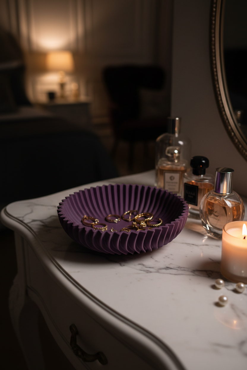 Purple ripple bowl as jewellery tray on marble dressing table - lifestyle