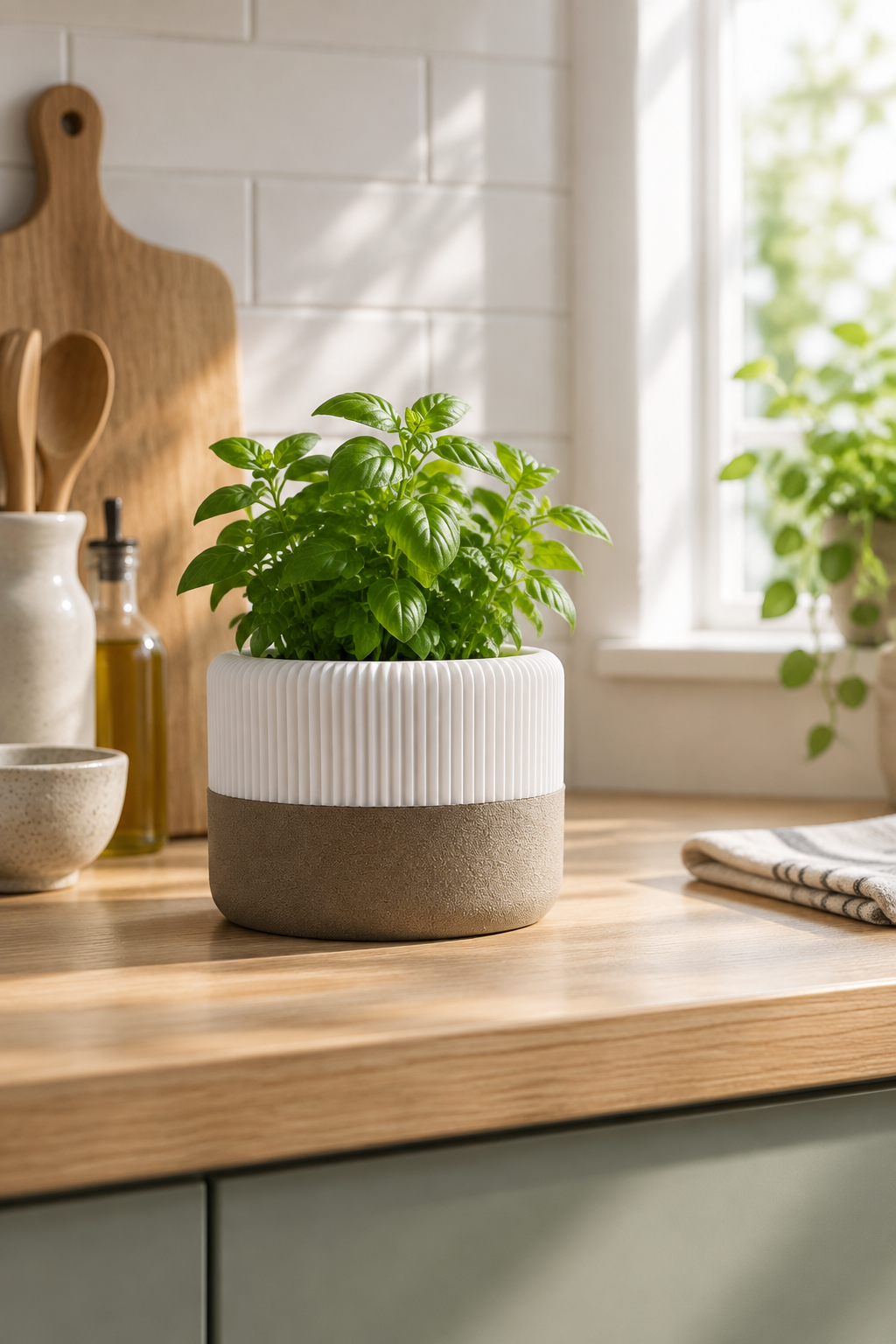 White ribbed planter with brown textured drip tray and herb plant in a bright modern kitchen
