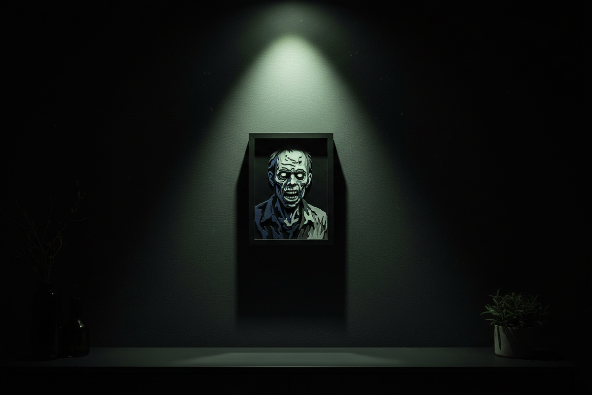 The Undead Zombie Shadow Box hung on a dark charcoal feature wall with cold green-white spotlight