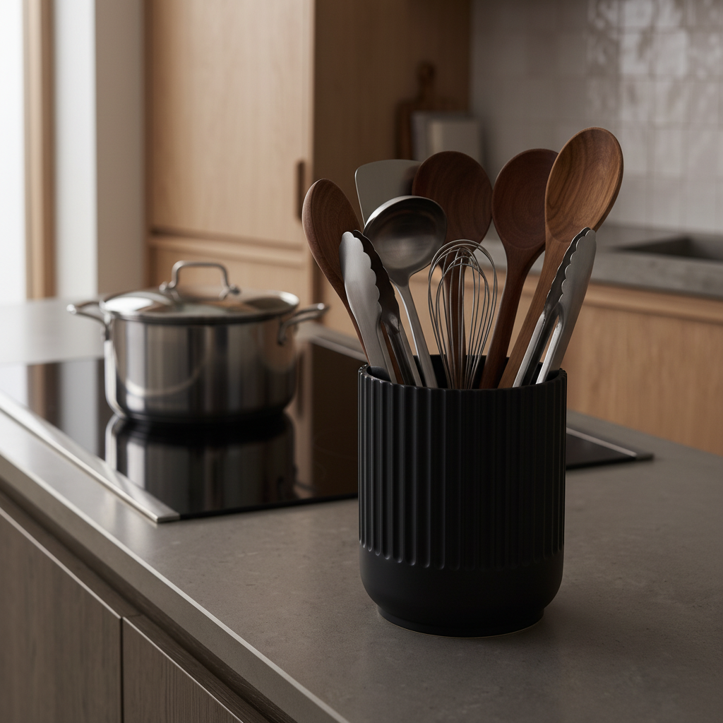 Japandi-Style Kitchen Utensil Holder in matte black — lifestyle shot on dark concrete worktop, moody contemporary kitchen