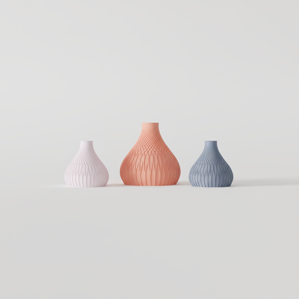 Three Textured Gourd Vases white salmon pink grey blue on white sideboard dark grey wall interior