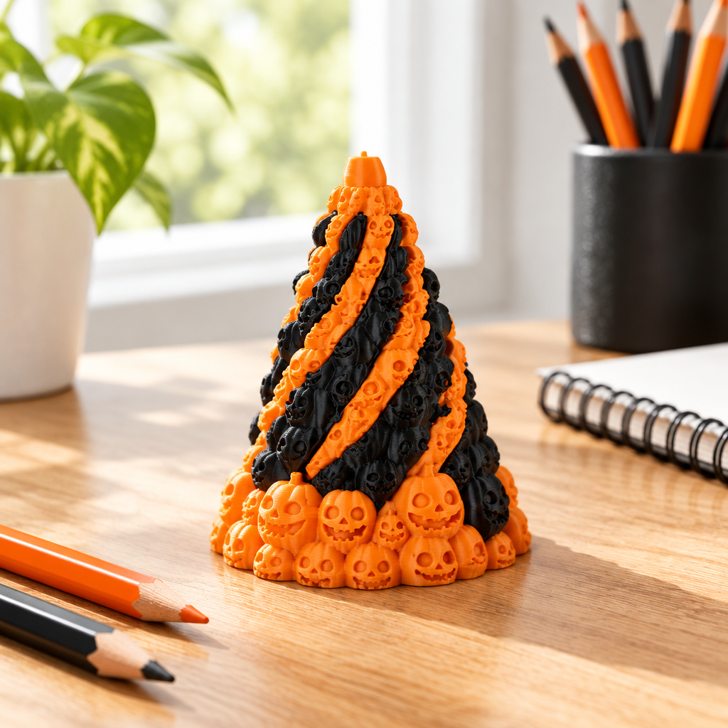 Orange and black Skull Mountain fidget beside pencils on a bright table