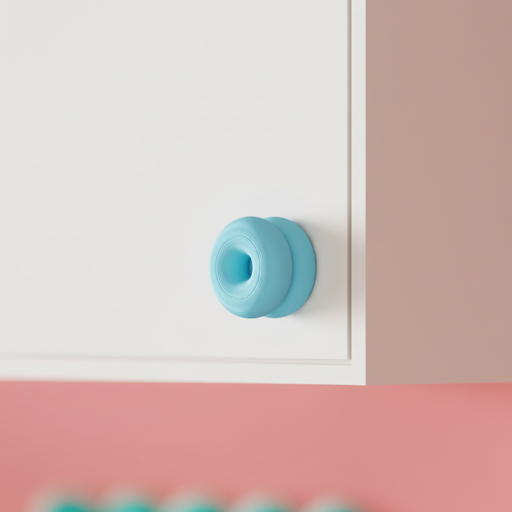 Blue double donut knob on white kitchen cabinet - lifestyle
