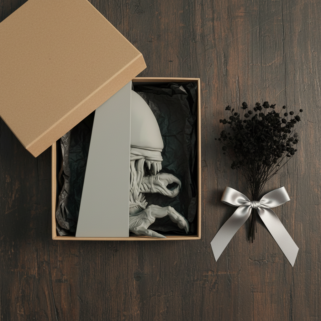 Alien Xenomorph book nook relief sculpture grey framed box kraft paper gift box black tissue paper dried black flowers silver ribbon bow dark wooden surface science fiction horror gift giving overhead square editorial