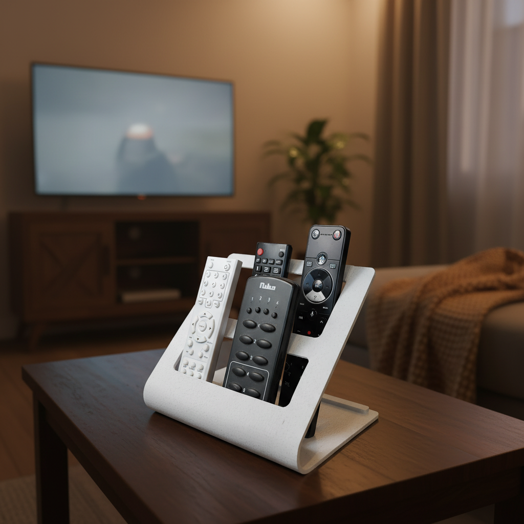 Remote Control Organiser holding multiple remotes on a wooden coffee table in a cosy living room