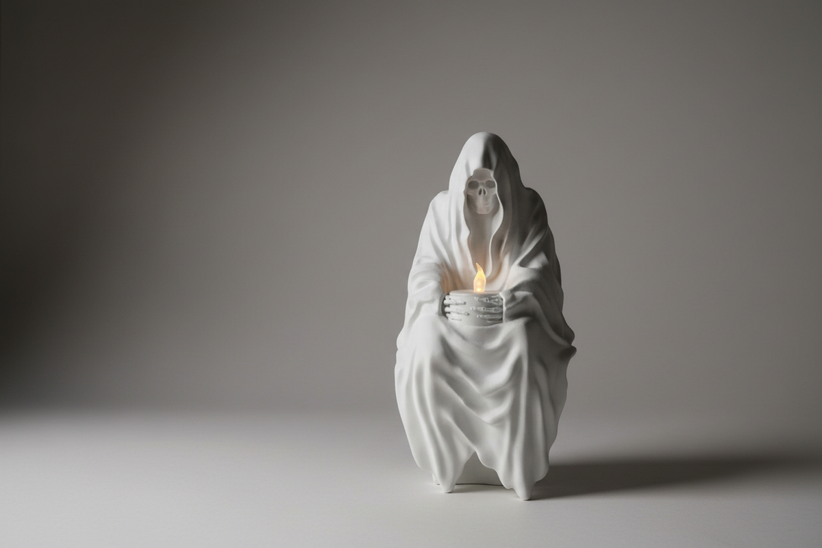 Grim Reaper shelf sitter figurine white matte close up detail extraordinary fabric fold complexity flowing hooded robes skeletal hand holding glowing candle neutral studio raking side light landscape editorial