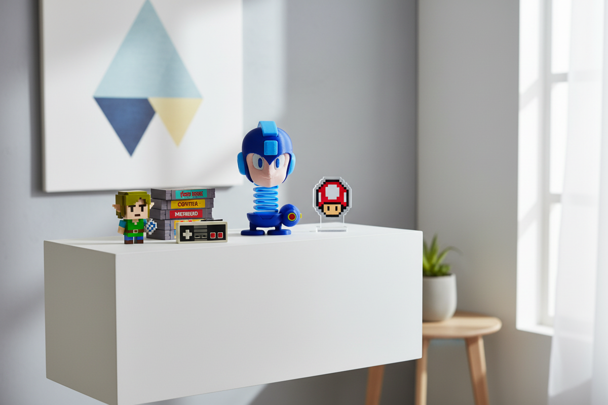 Mega Man Springie 3D printed figure on a bright white shelf alongside retro gaming collectibles in a modern room