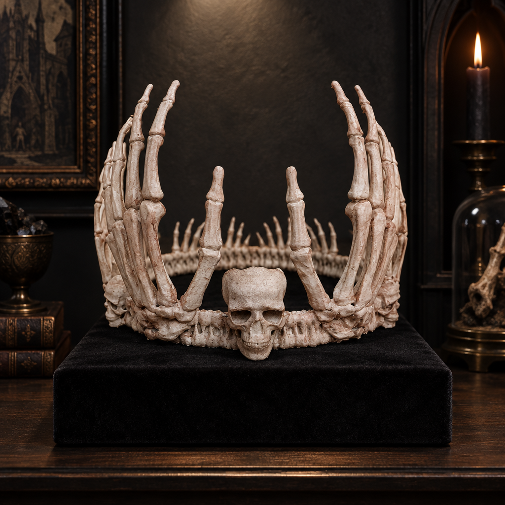 Skeleton Crown upright on a velvet plinth in a gothic collectibles display
