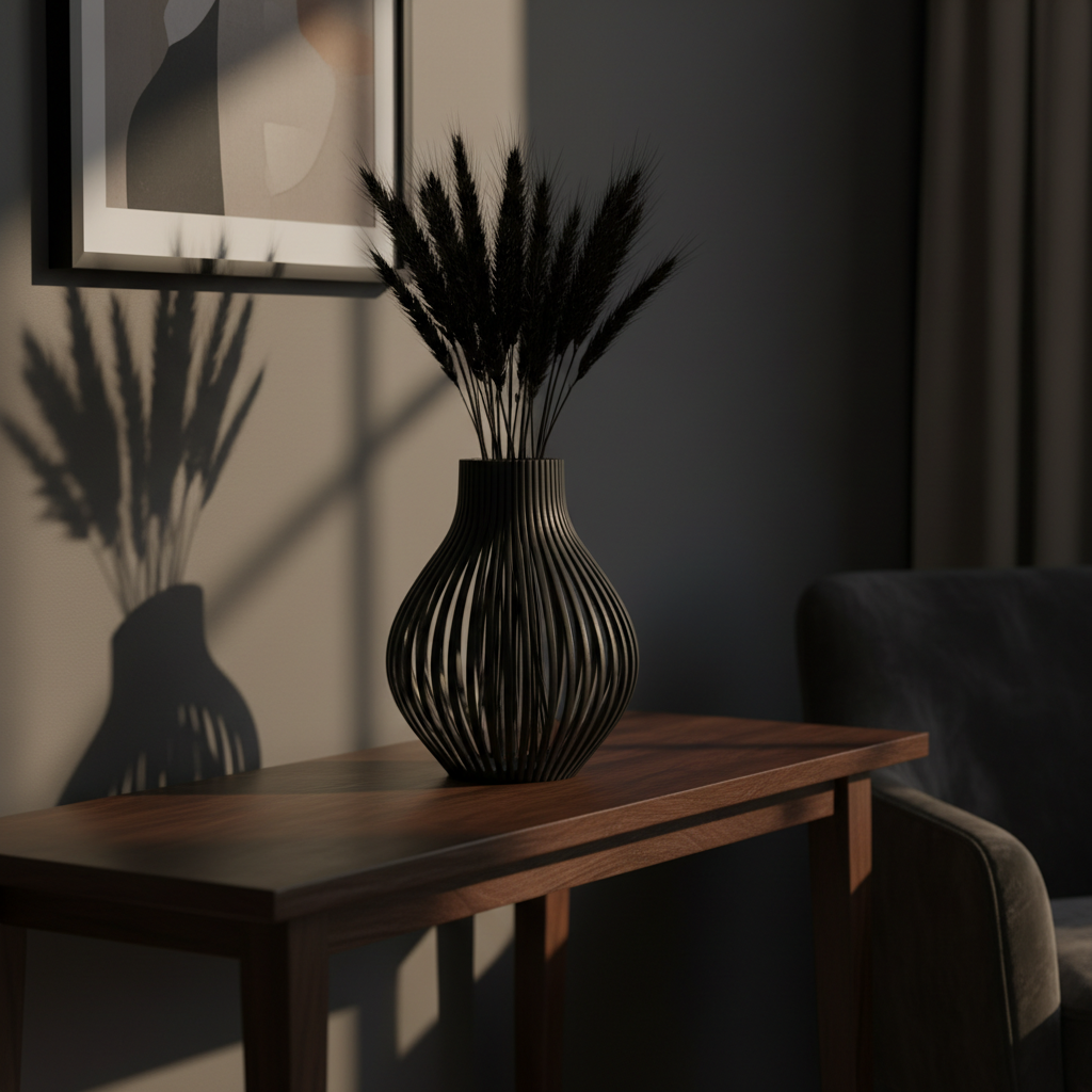 Matte black Versa slatted vase on dark oak console with dried black wheat, moody luxury interior