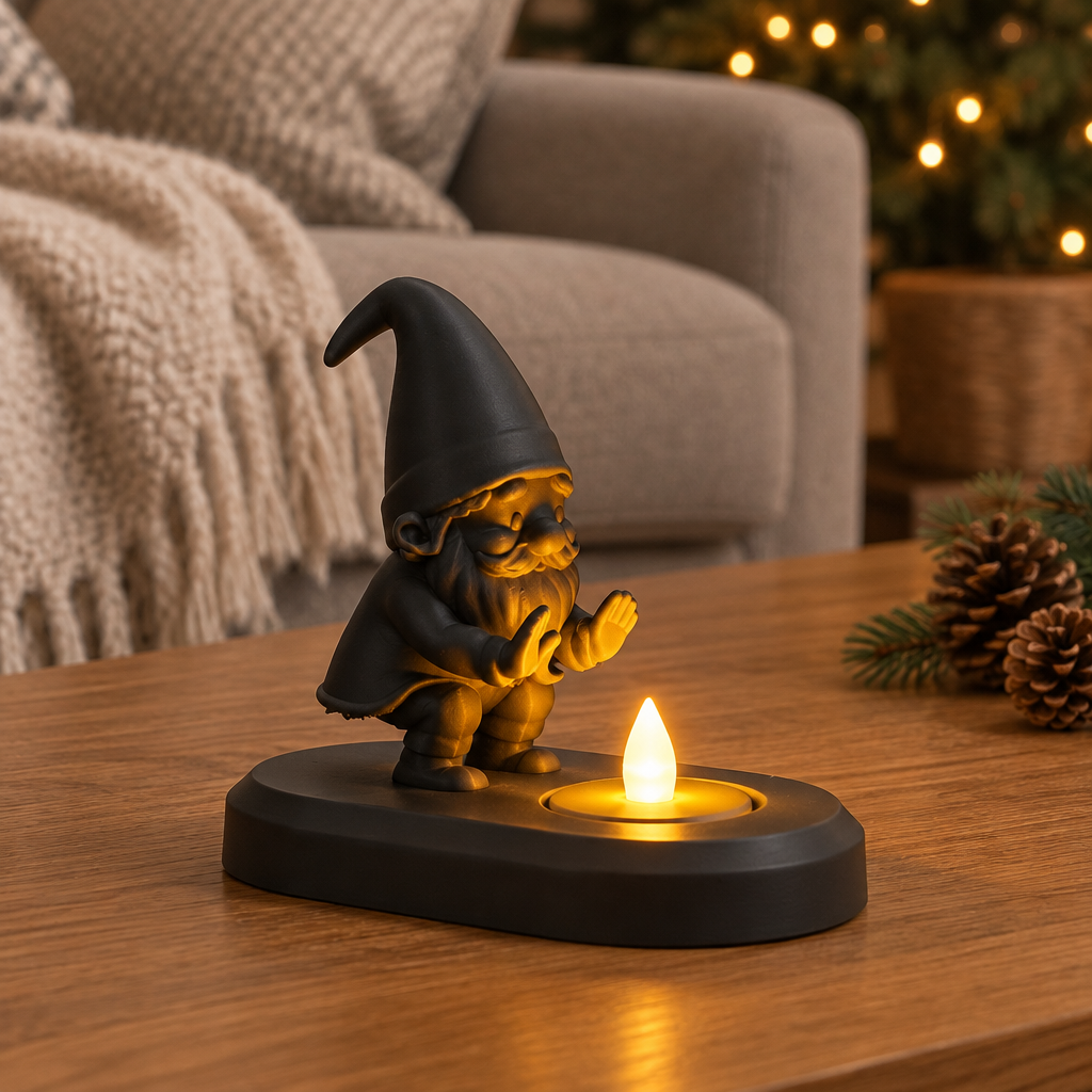 Black Santa tealight holder displayed on a cosy Christmas coffee table