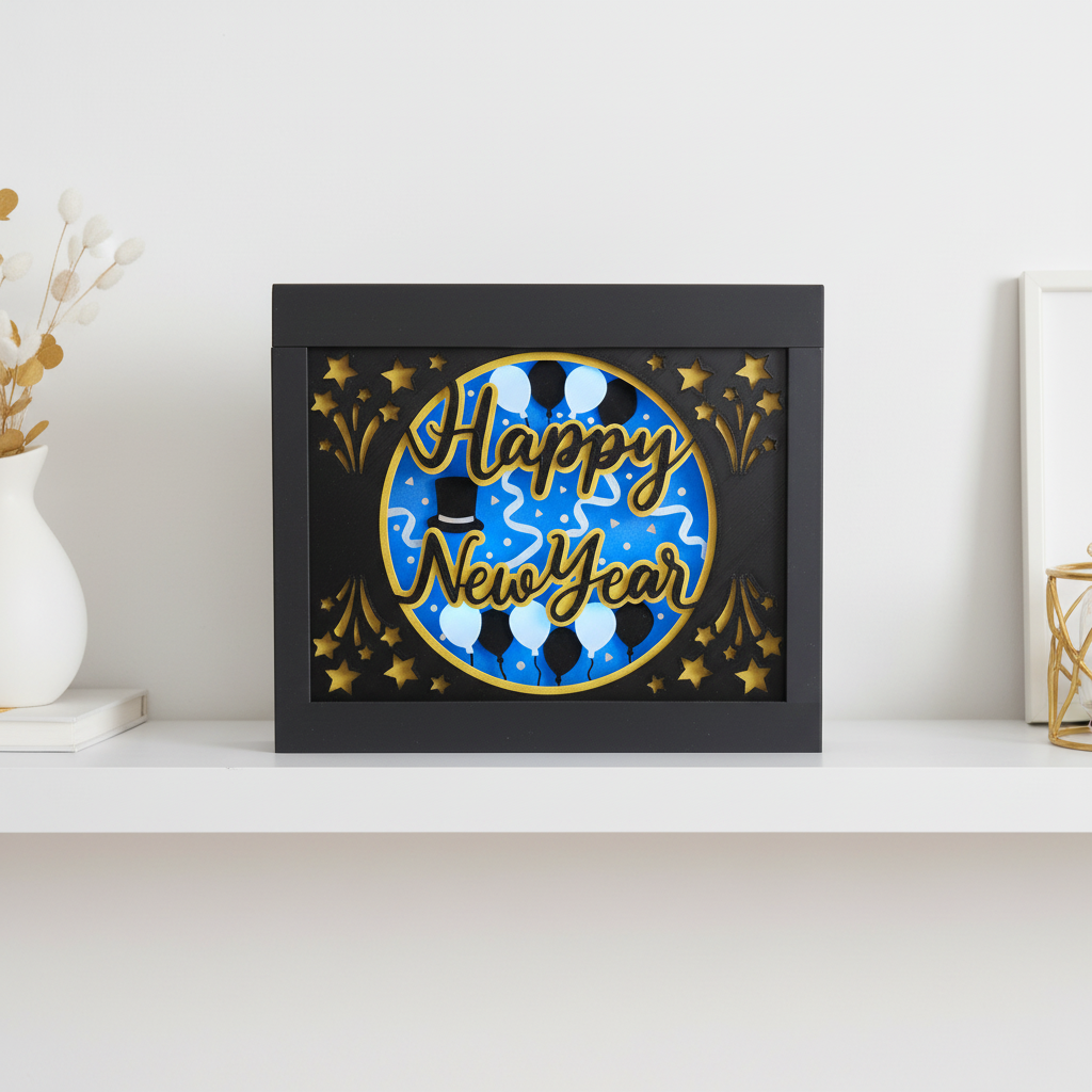Happy New Year Shadow Box displayed on a white shelf in a bright modern home as festive seasonal decoration