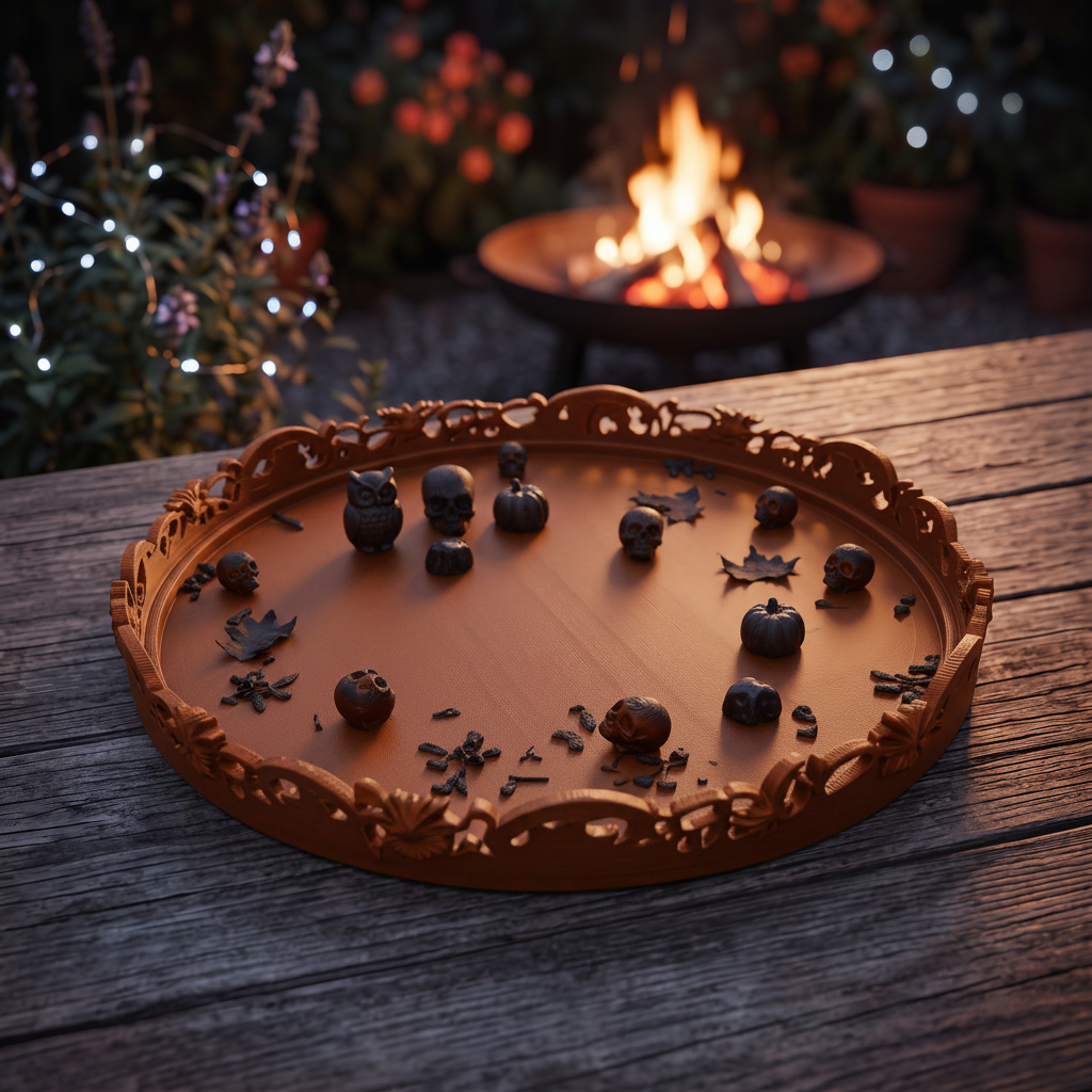 Ornate Skull Decorative Tray in orange — outdoor rustic table with glowing fire pit and fairy lights, Halloween evening