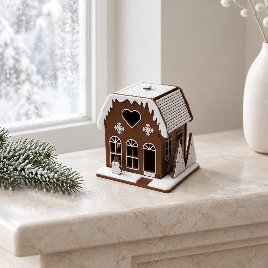 Brown miniature Christmas house displayed on a pale mantel beside a winter window