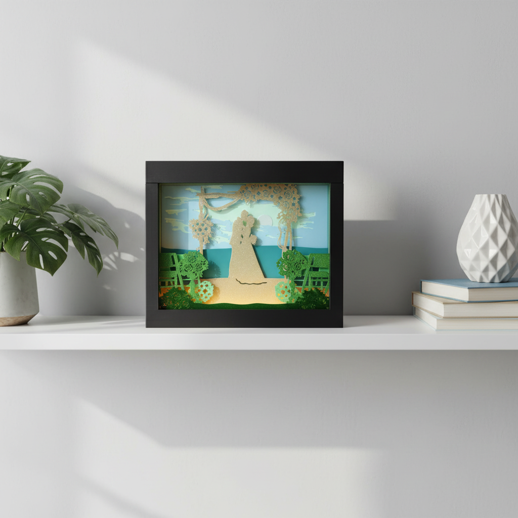 Wedding Shadow Box displayed on a white shelf in a bright modern living room with plants and books