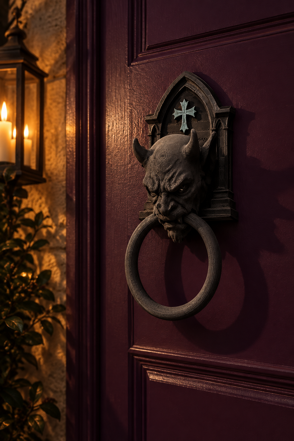 Gargoyle knocker on plum door with porch lighting