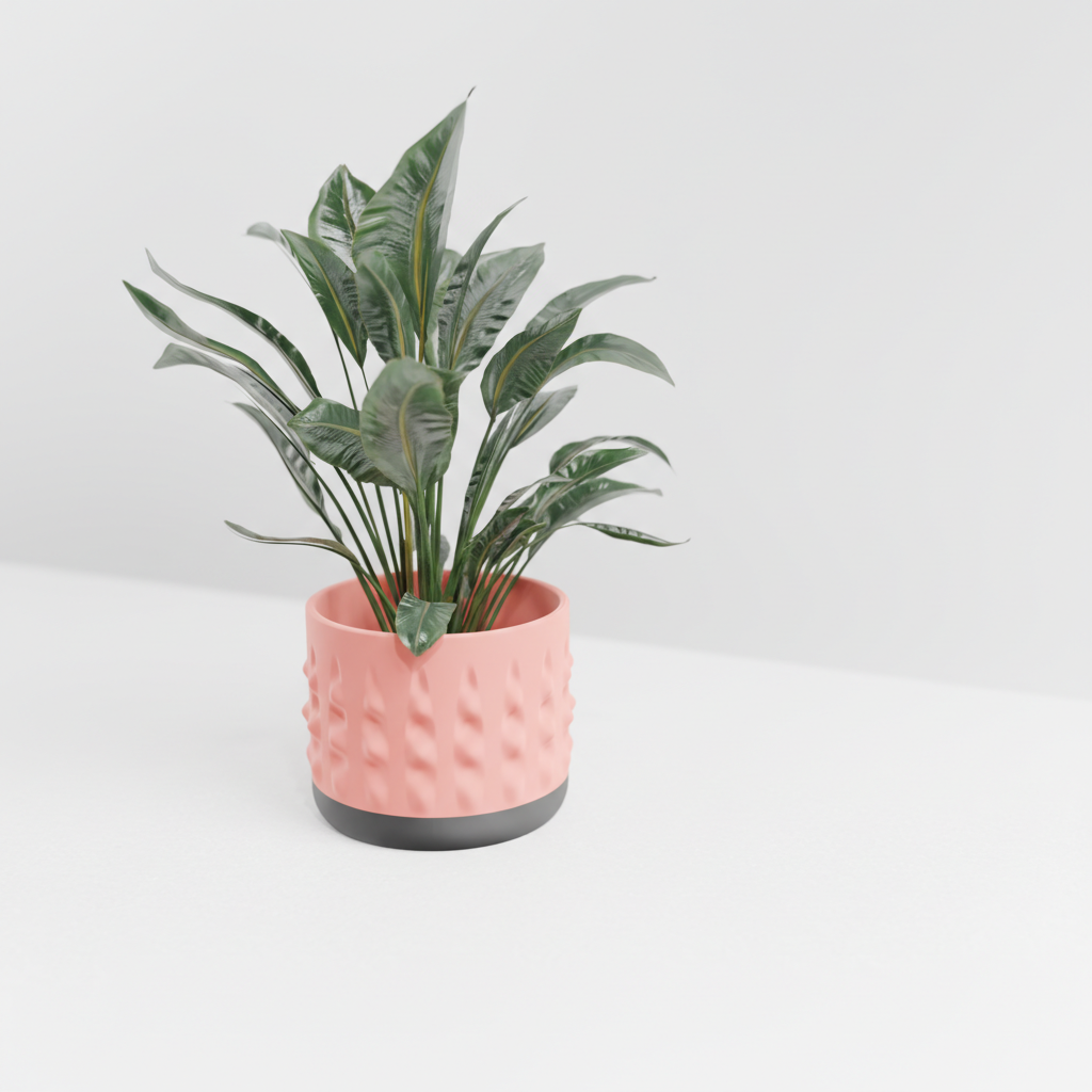 Modern Organic Textured Planter salmon pink with dark base on dark walnut sideboard blue grey wall moody evening interior render