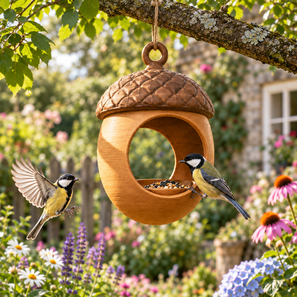 Acorn feeder in cottage garden