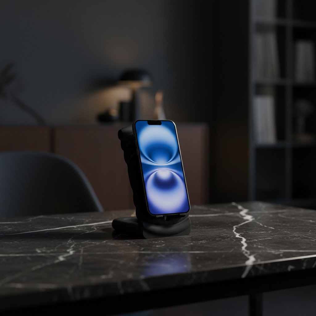 Black ripple MagSafe stand on dark marble desk - lifestyle