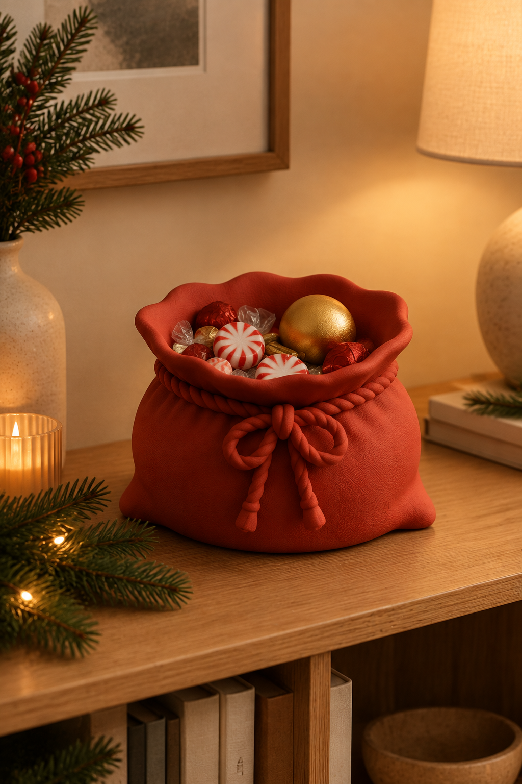 Red sack sweet bowl on a living room cabinet with warm lamplight