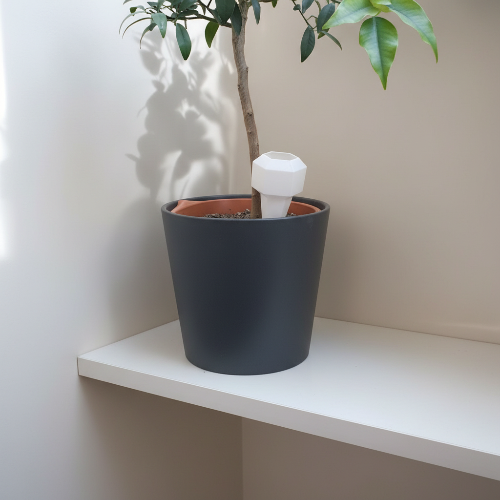 Hexagonal Plant Watering Spike - white colourway in modern pot on minimalist white shelf
