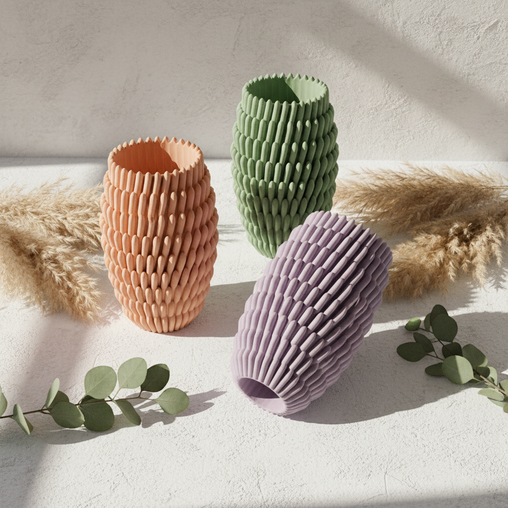 Three colour sea anemone vases group flatlay with pampas and eucalyptus - lifestyle