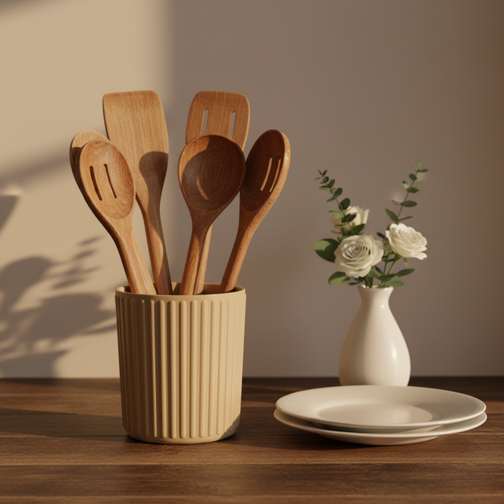 Ribbed Cylinder Utensil Holder - beige colourway with wooden spoons on dark wooden counter, white plates and vase in background