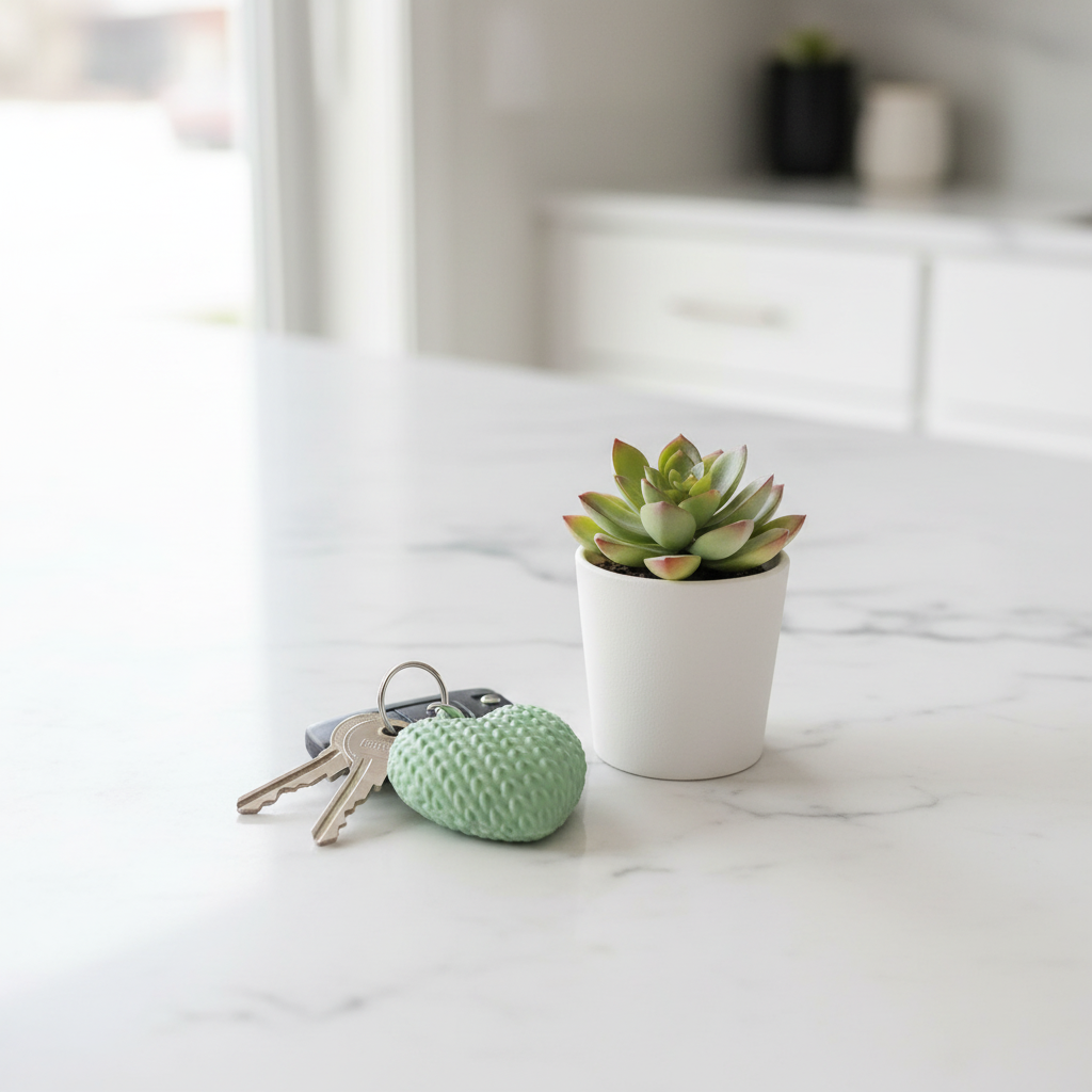 Sage green knitted heart charm on keys on white marble kitchen counter with succulent