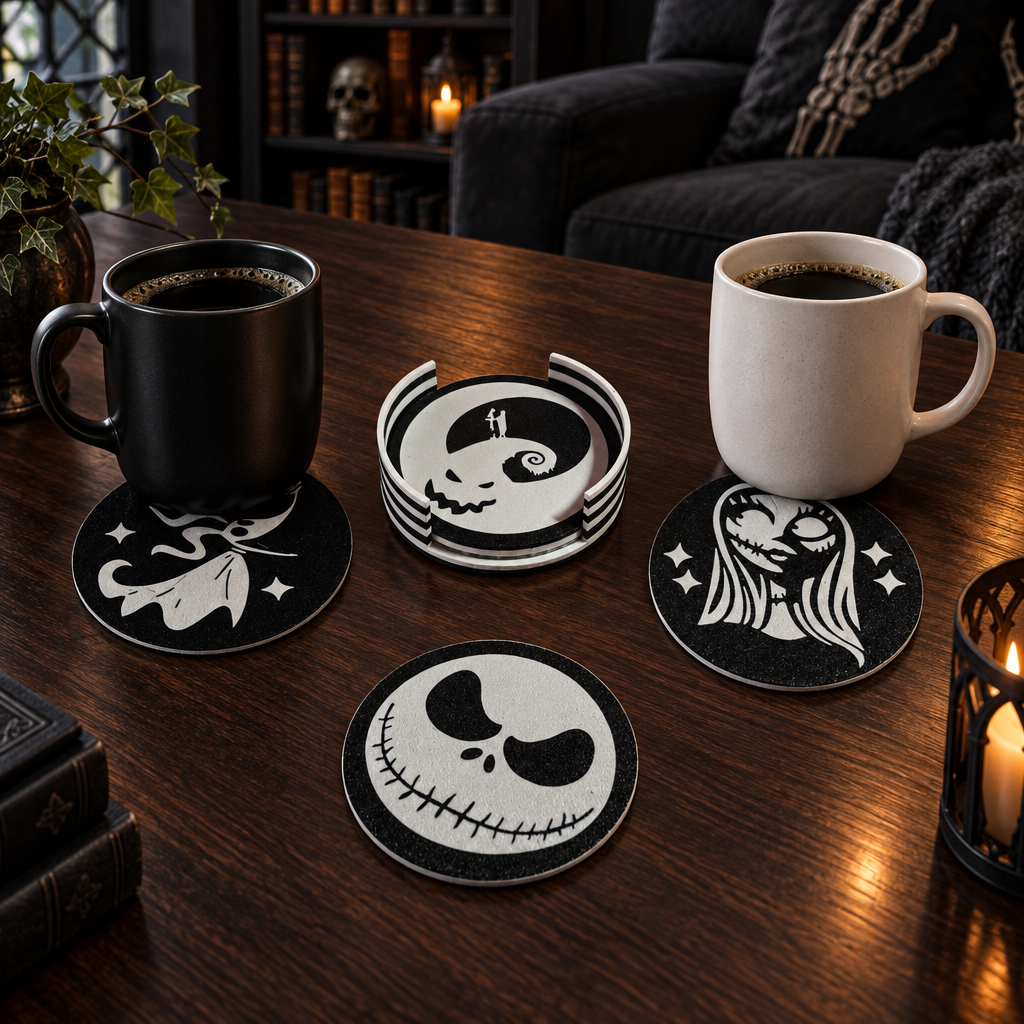 Black-and-white character coasters with mugs on a dark wood table in a modern gothic living room