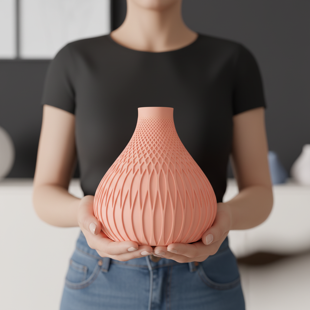 Three Textured Gourd Vases white salmon pink grey blue with geometric shapes on white sideboard light grey wall