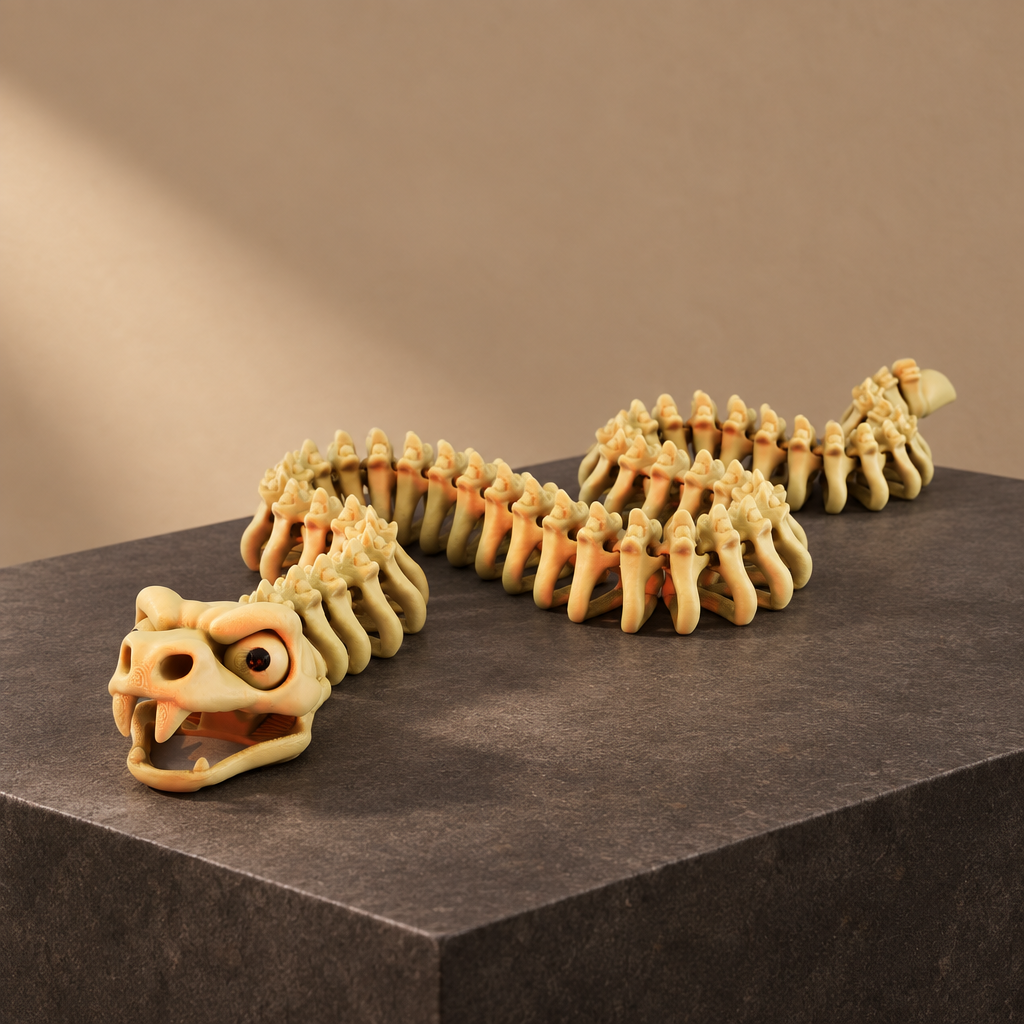 Bone-coloured Snake Skeleton fidget displayed on a charcoal plinth