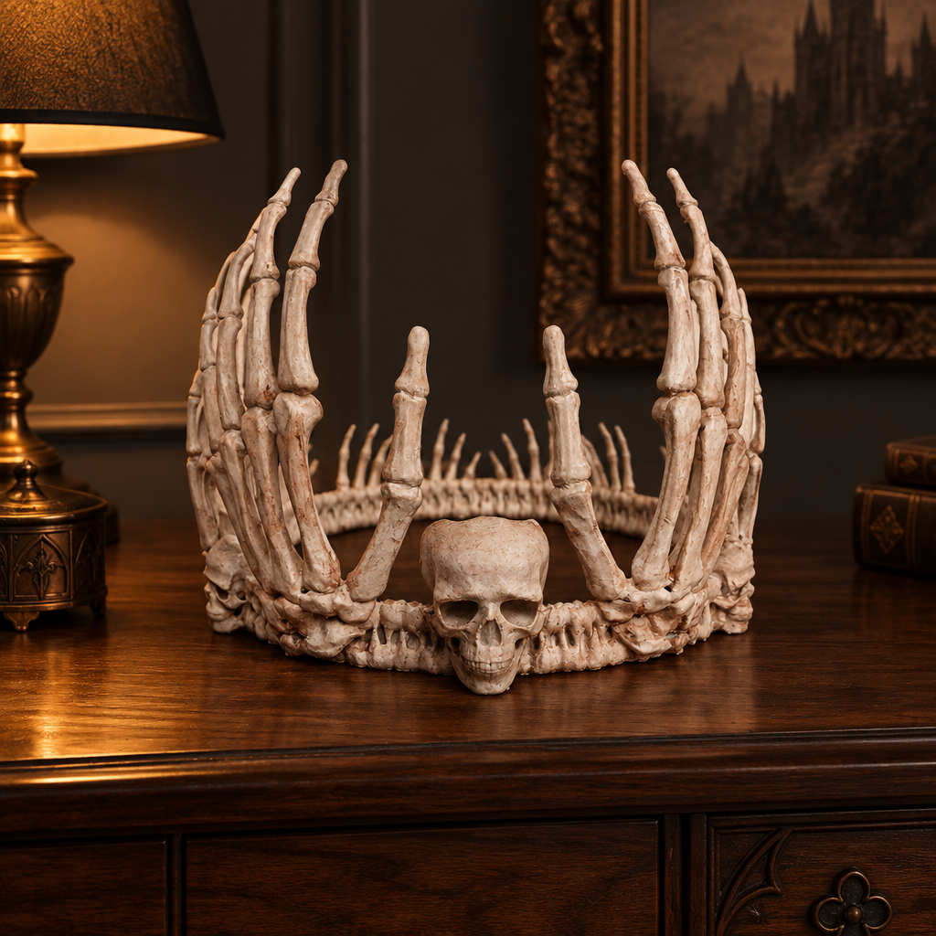 Skeleton Crown displayed upright on a dark wood console in a gothic living room