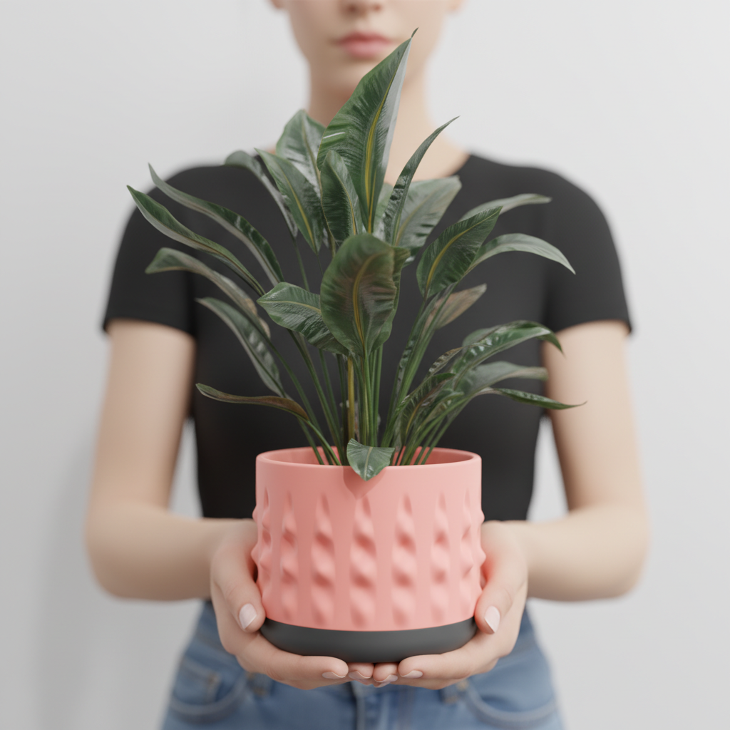 Modern Organic Textured Planter salmon pink with dark base surrounded by pastel geometric shapes cubes cylinders beige background render