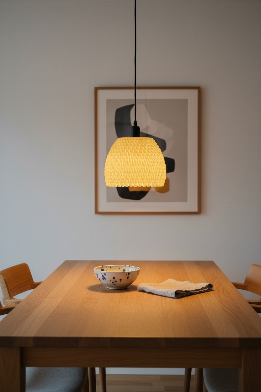 White staggered lampshade glowing above oak dining table Scandi room - lifestyle
