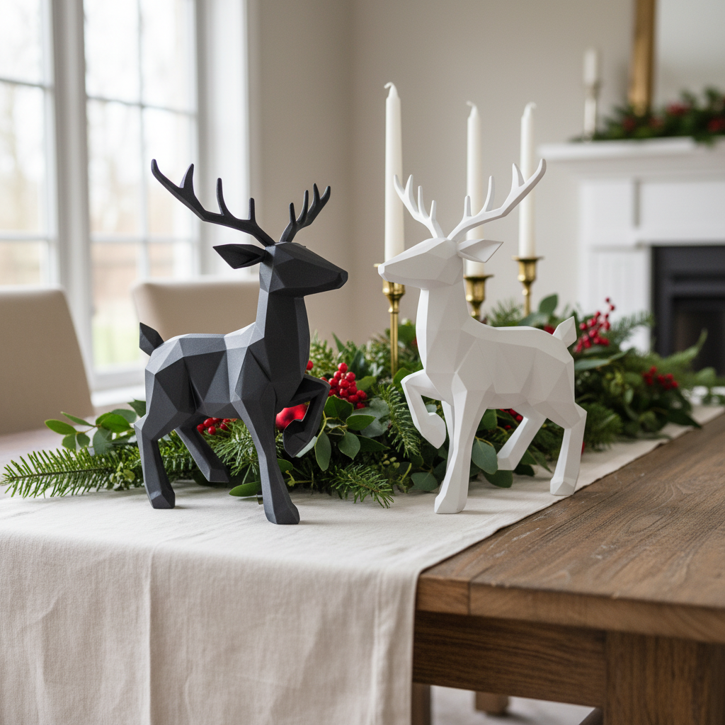 Pair of dark and white low poly reindeer dining table centrepiece lifestyle