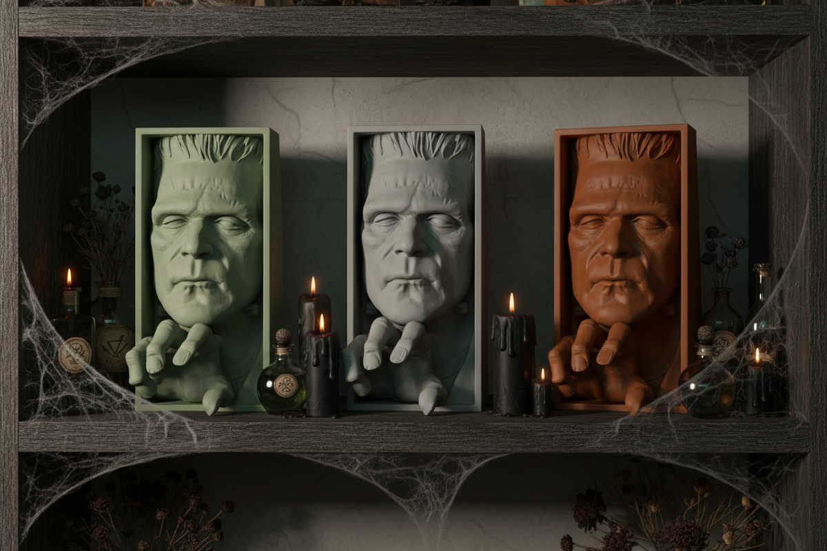 Three Frankenstein monster relief sculptures grey green orange framed boxes dark wooden shelves black candles potion bottles cobwebs dried flowers spooky Halloween shelfie display atmospheric moody interior landscape editorial