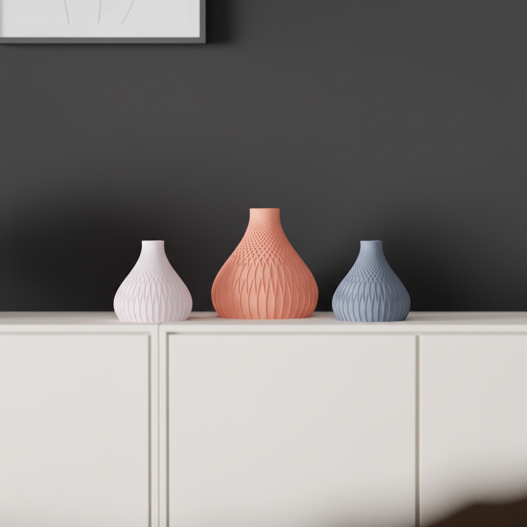 Three Textured Gourd Vases white salmon pink grey blue knolling flatlay with pebbles dried leaves wooden blocks concrete surface