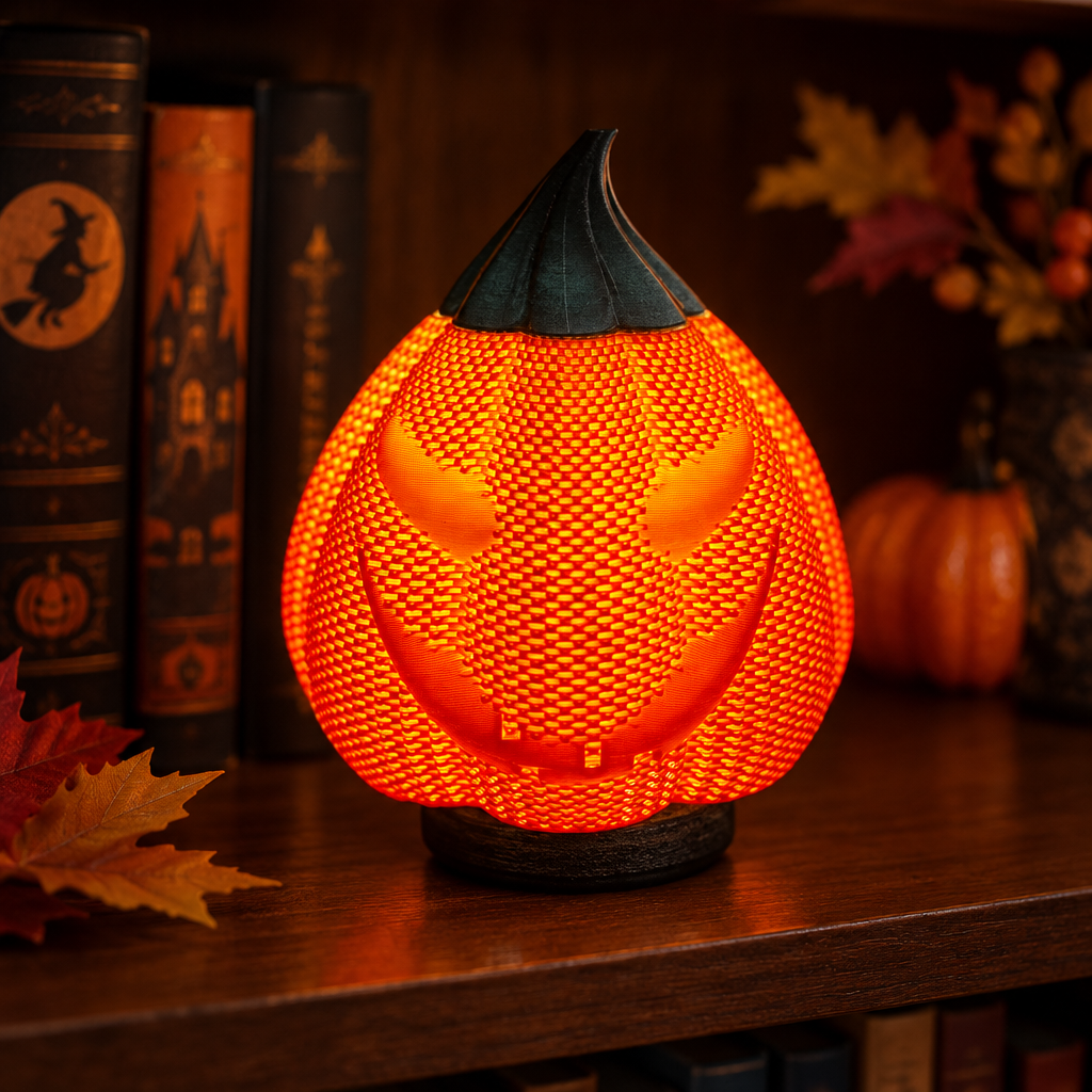 Orange mesh-style pumpkin decoration with a wicked grin on a dark bookcase