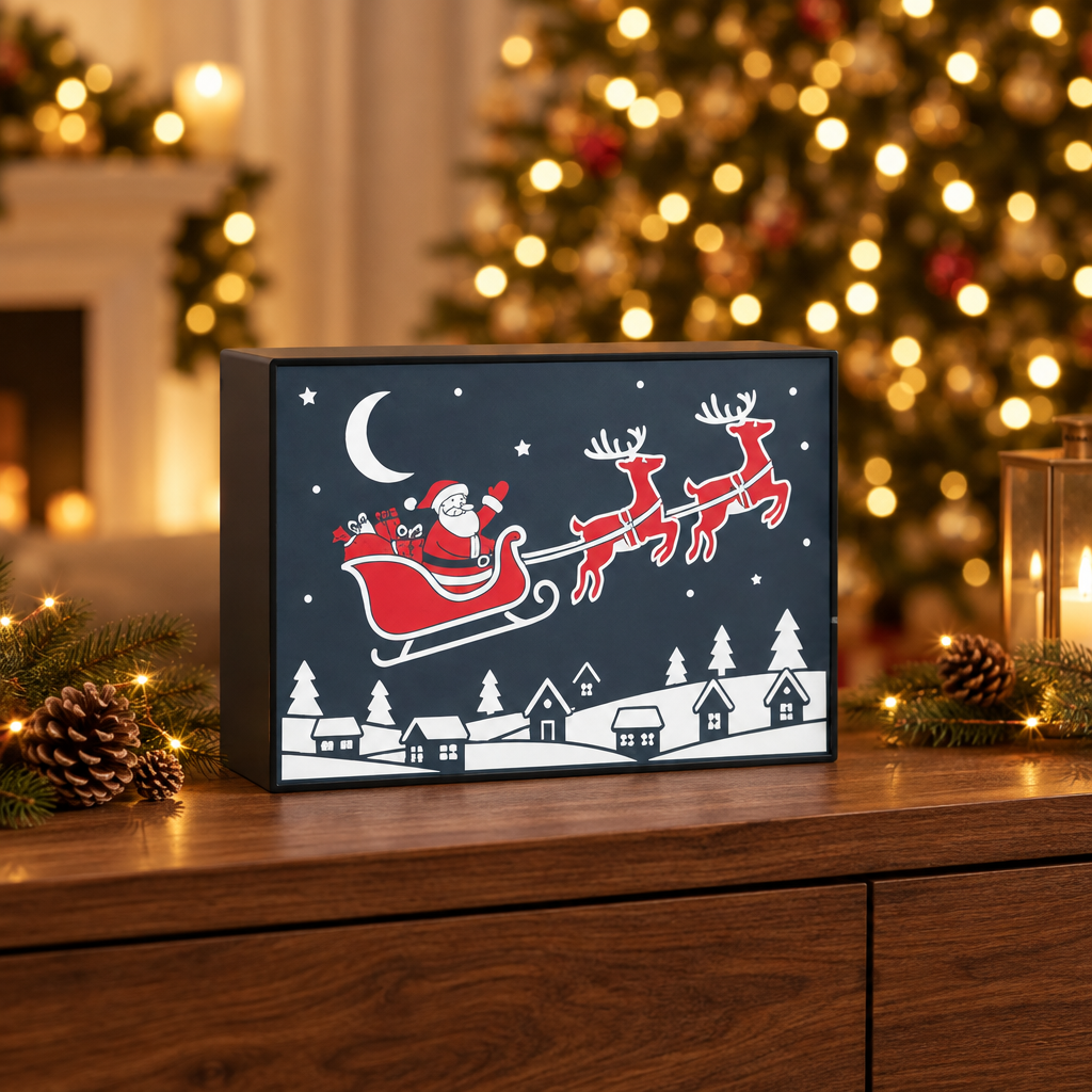 Framed Santa and reindeer picture on a bright mantel with evergreen garland