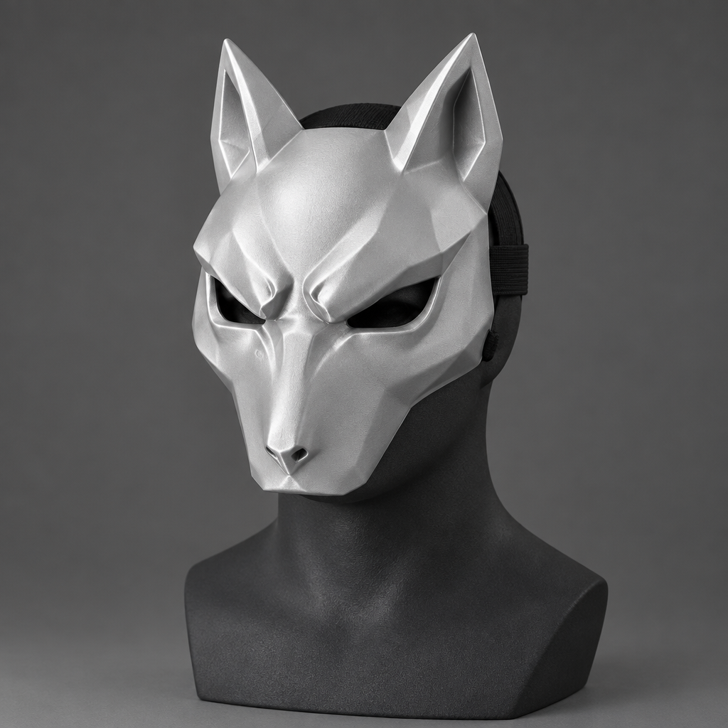 Silver angular Kitsune Wolf Mask on a charcoal display bust