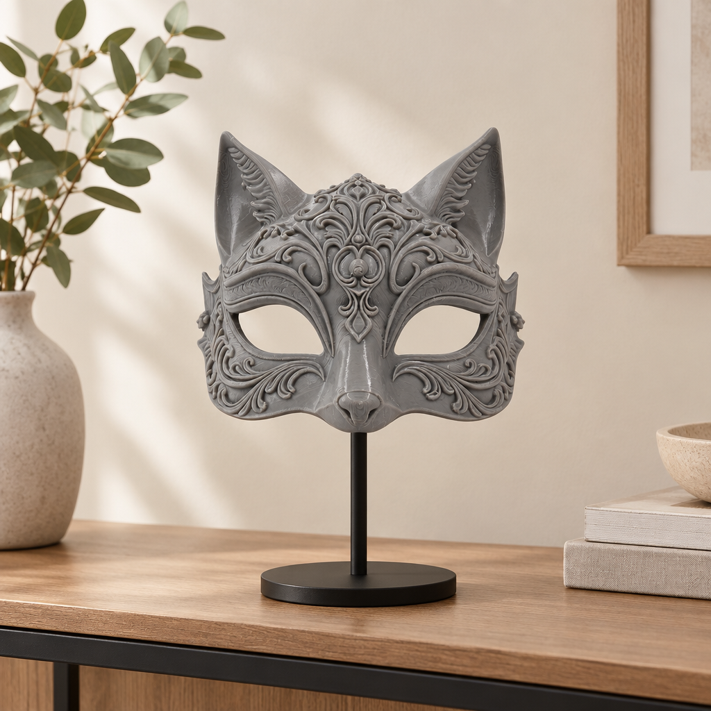 Ornate grey Halloween cat mask displayed on a minimalist console table