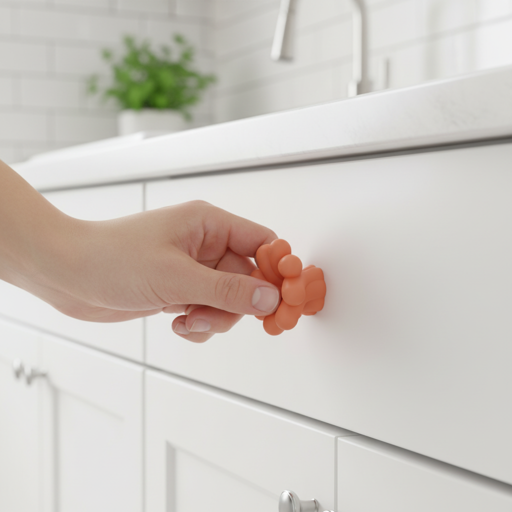 Hand pulling orange twisted knob on kitchen drawer - lifestyle