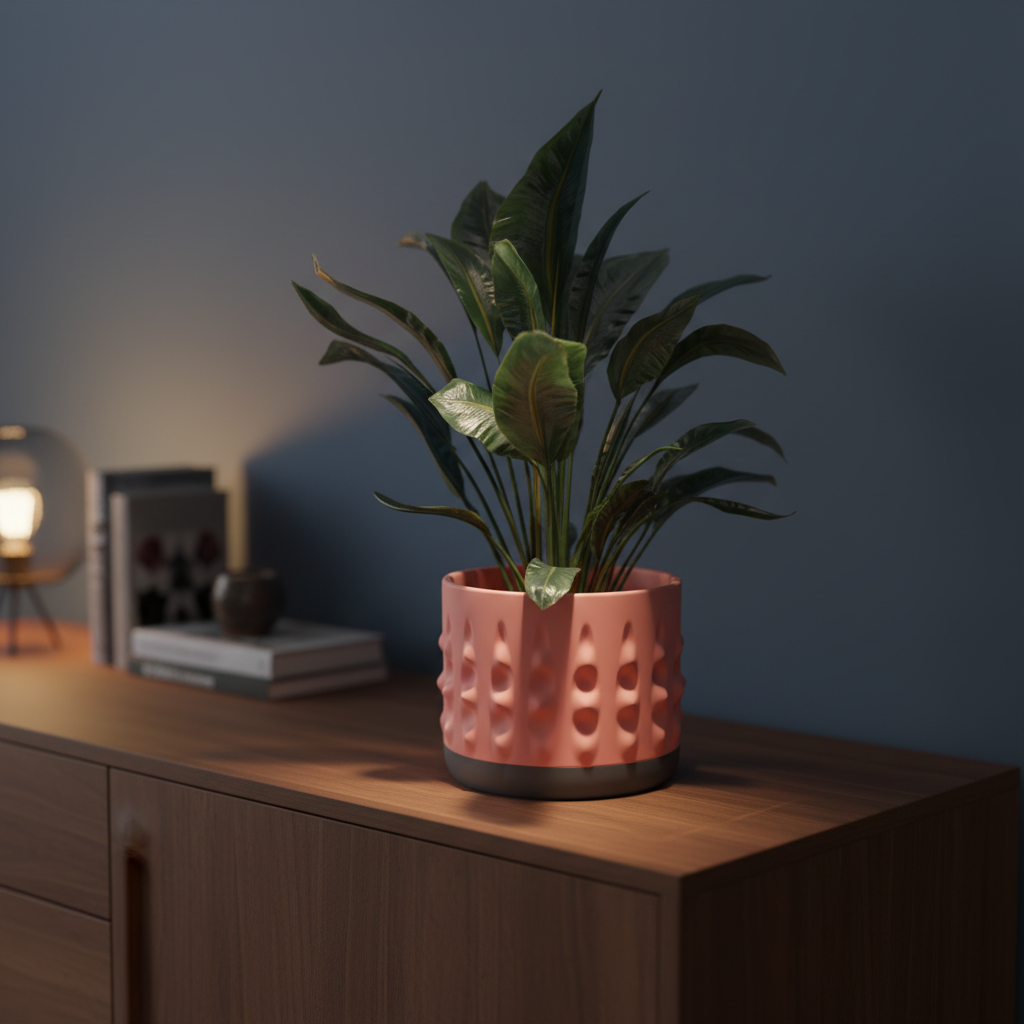 Modern Organic Textured Planter salmon pink with dark base knolling flatlay overhead eucalyptus leaves gold wire frame concrete surface